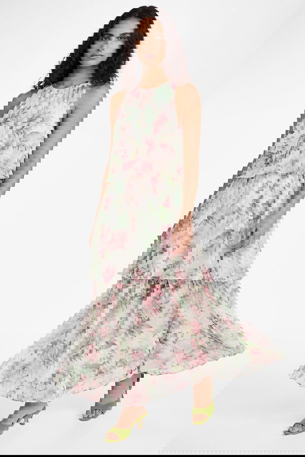 Koton Katlı Kolsuz Halter Yaka Çiçekli Şifon Elbise PEMBE