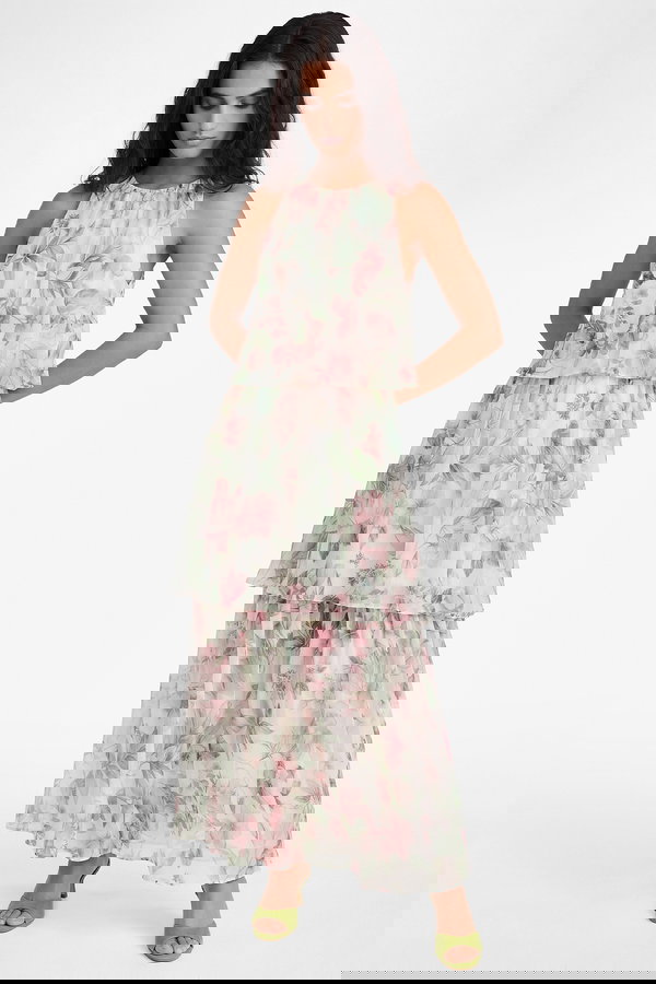 Koton Katlı Kolsuz Halter Yaka Çiçekli Şifon Elbise PEMBE