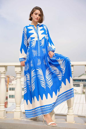 Gabria Ön Düğmeli Desenli Viskon Elbise SAKS Gabria Ön Düğmeli Desenli Viskon Elbise SAKS