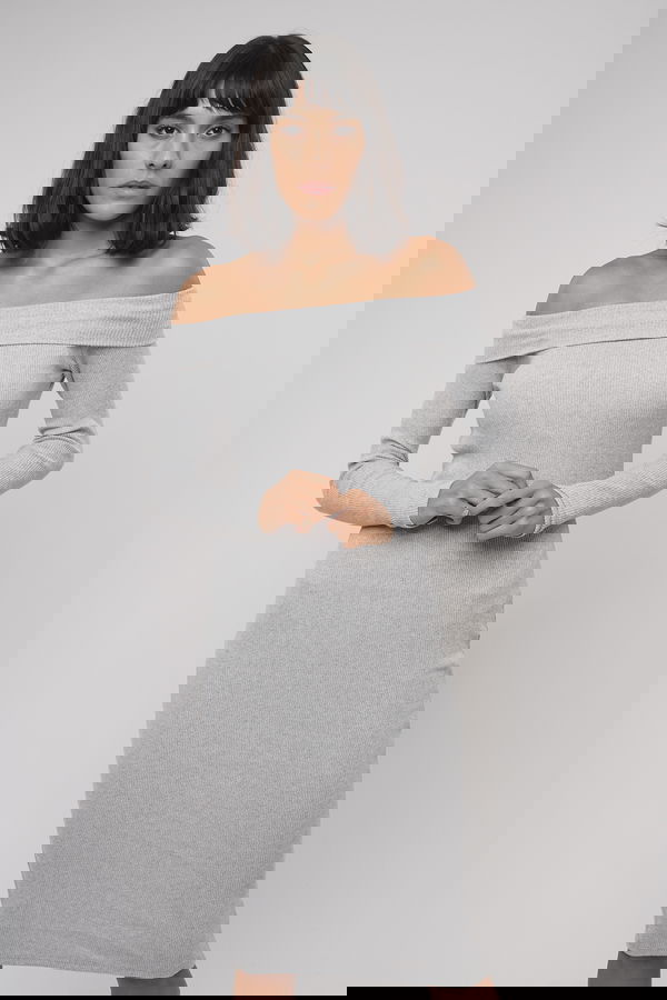 Kayık Yaka Fitilli Elbise GRI Kayık Yaka Fitilli Elbise GRI