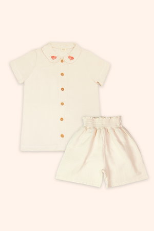 Kelebek Detaylı Organik Pamuk Müslin Bluz-Şort Takım EKRU