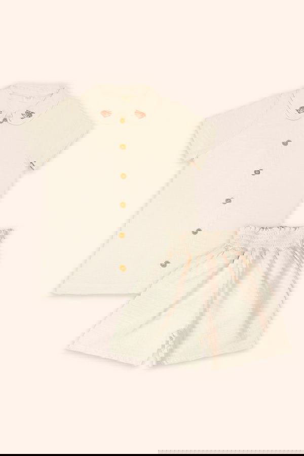Kelebek Detaylı Organik Pamuk Müslin Bluz-Şort Takım EKRU