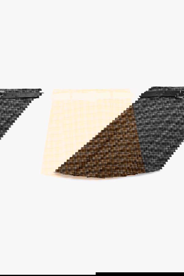 Koton Kemer Detaylı Ekoseli Mini Şort Etek KAHVERENGİ