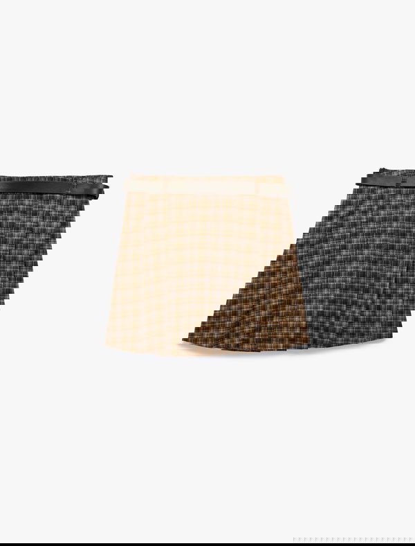 Koton Kemer Detaylı Ekoseli Mini Şort Etek KAHVERENGİ