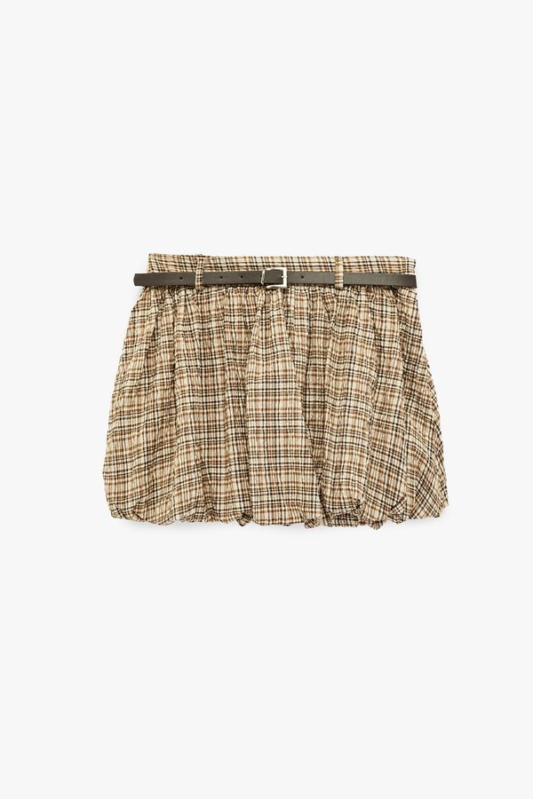 Koton Kemer Detaylı Ekoseli Rahat Kesim Mini Balon Etek KAHVERENGİ