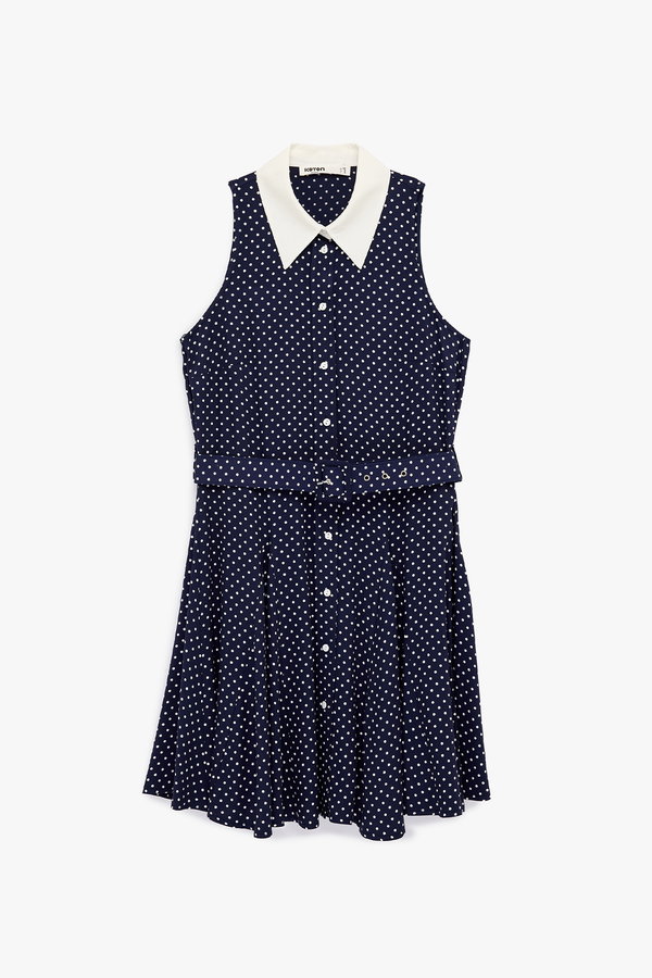 Koton Kemer Detaylı Viskon Kolsuz Klasik Yaka Düğmeli Puantiyeli Mini Elbise LACİVERT