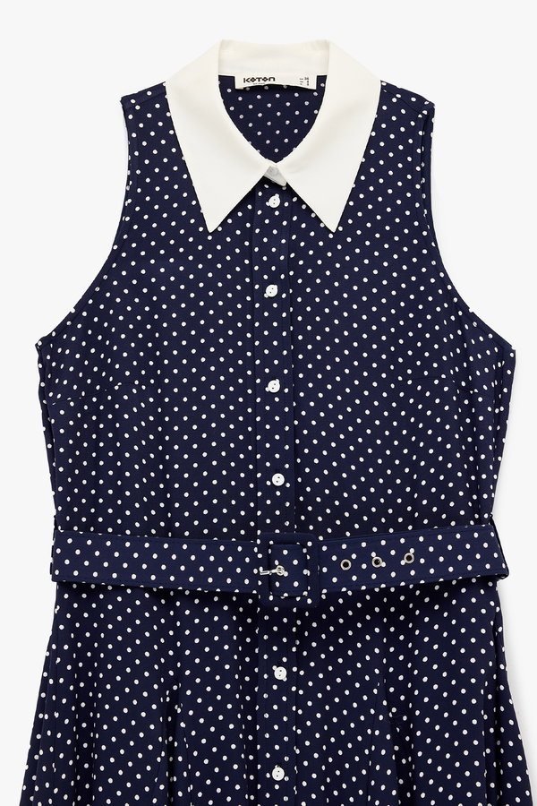 Koton Kemer Detaylı Viskon Kolsuz Klasik Yaka Düğmeli Puantiyeli Mini Elbise LACİVERT