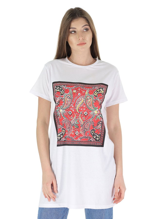 Kilim Desenli Kısa Kol Tunik Beyaz Kilim Desenli Kısa Kol Tunik Beyaz