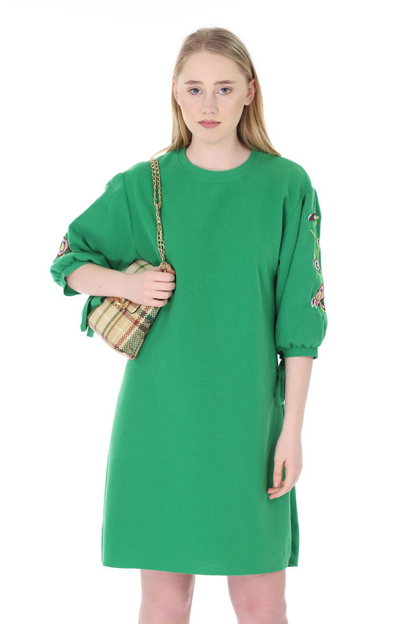 Kol Nakışlı Bağlamalı Tunik YESIL