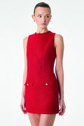 Koton A Kesim Metal Aksesuarlı Fleto Cepli Kolsuz Bisiklet Yaka Mini Tüvit Elbise Kırmızı