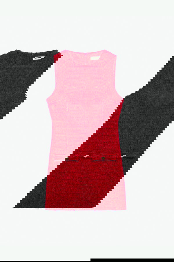 Koton A Kesim Metal Aksesuarlı Fleto Cepli Kolsuz Bisiklet Yaka Mini Tüvit Elbise Kırmızı