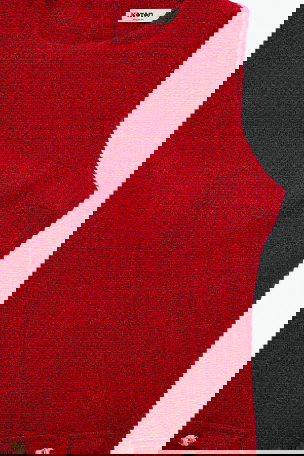 Koton A Kesim Metal Aksesuarlı Fleto Cepli Kolsuz Bisiklet Yaka Mini Tüvit Elbise Kırmızı