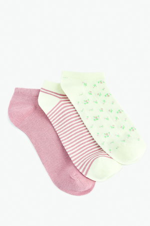 Koton Kadın Çizgili Çiçekli Pamuklu 3lü Patik Çorap Seti Çok Renkli