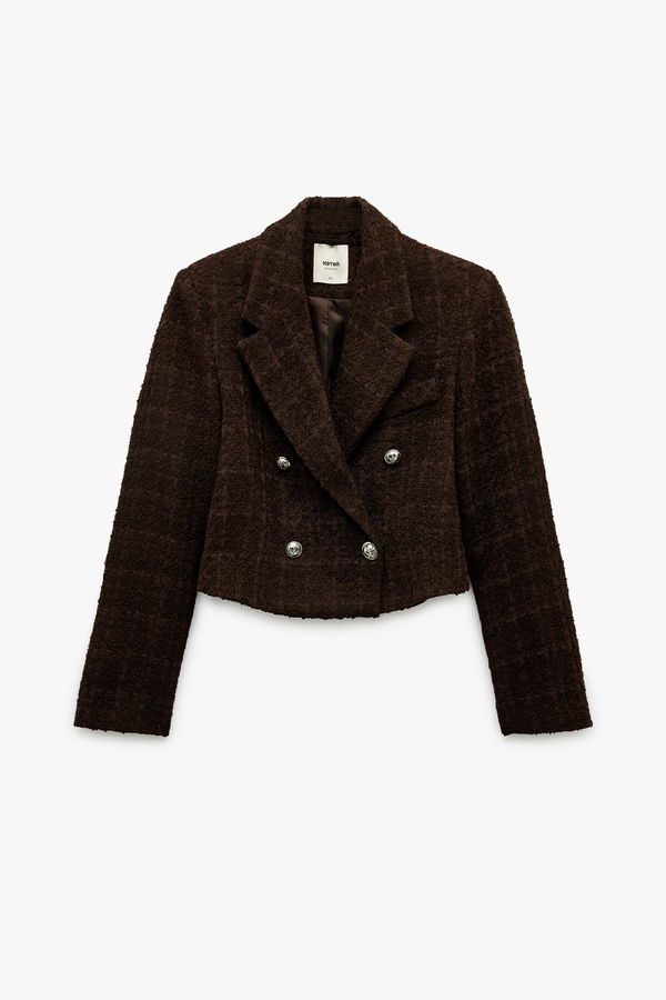 Koton Kadın Tüvit Crop Blazer Ceket KAHVERENGI Koton Kadın Tüvit Crop Blazer Ceket KAHVERENGI