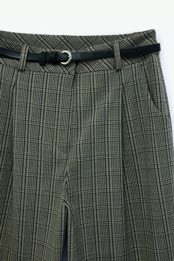 Koton Kemer Detaylı Cepli Yüksek Bel Ekoseli Cigarette Pantolon ANTRASİT