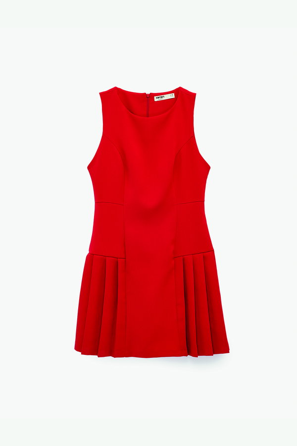 Koton Kolsuz U Yaka Dikiş Detaylı Mini Pileli Elbise Kırmızı