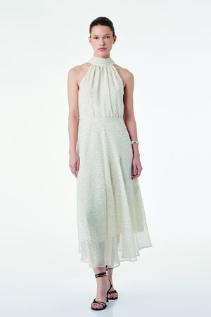 Koton Midi Boy Puantiyeli Halter Yaka Şifon Elbise EKRU