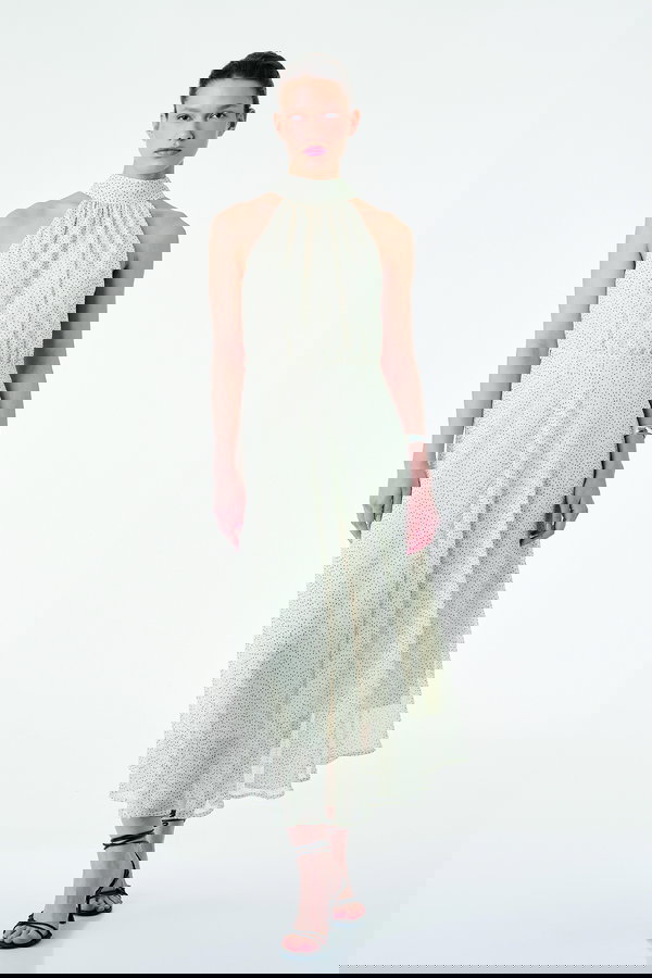 Koton Midi Boy Puantiyeli Halter Yaka Şifon Elbise EKRU