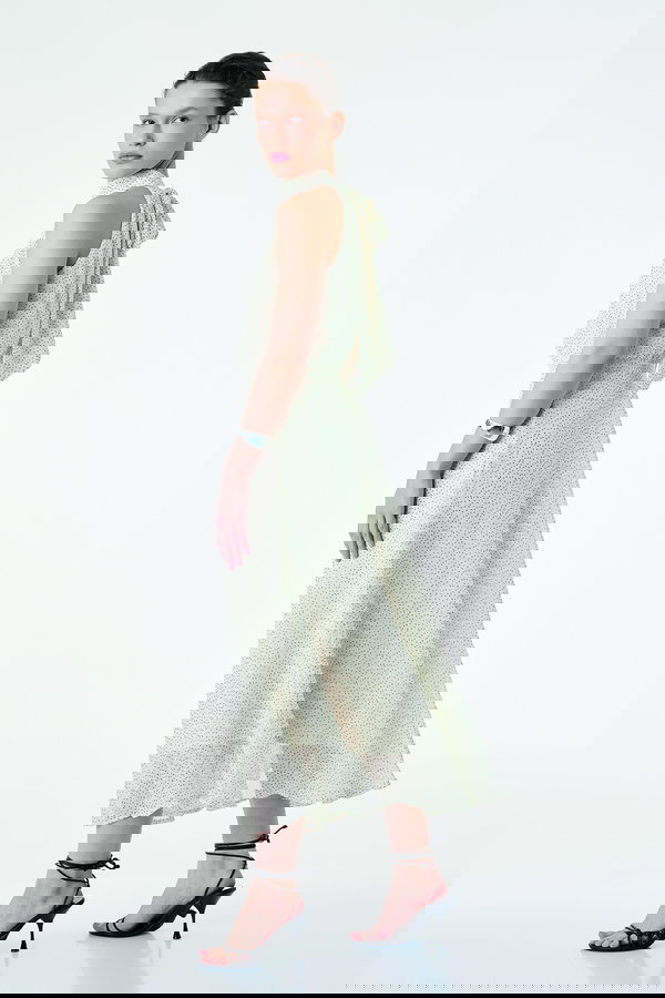 Koton Midi Boy Puantiyeli Halter Yaka Şifon Elbise EKRU