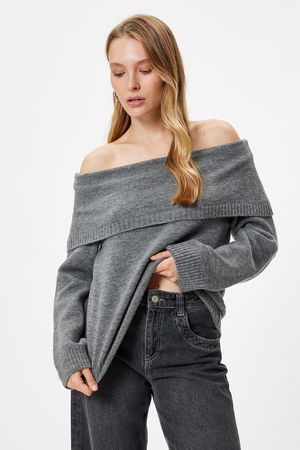 Koton Yumuşak Dokulu Uzun Kollu Triko Omzu Açık Kazak ANTRASİT Koton Yumuşak Dokulu Uzun Kollu Triko Omzu Açık Kazak ANTRASİT
