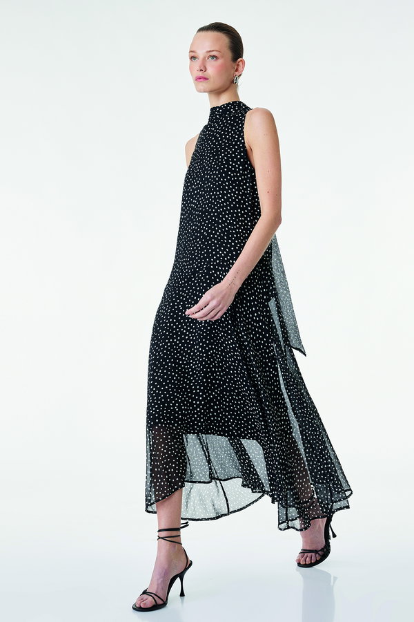 Koton Şifon Kolsuz Kloş Puantiyeli Uzun Halter Yaka Elbise SİYAH