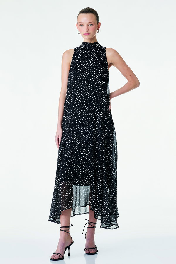 Koton Şifon Kolsuz Kloş Puantiyeli Uzun Halter Yaka Elbise SİYAH