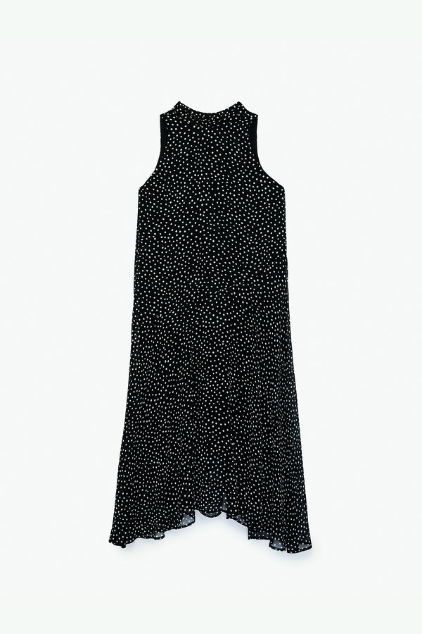 Koton Şifon Kolsuz Kloş Puantiyeli Uzun Halter Yaka Elbise SİYAH