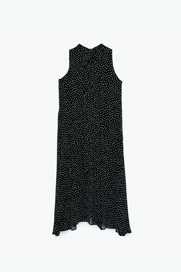 Koton Şifon Kolsuz Kloş Puantiyeli Uzun Halter Yaka Elbise SİYAH