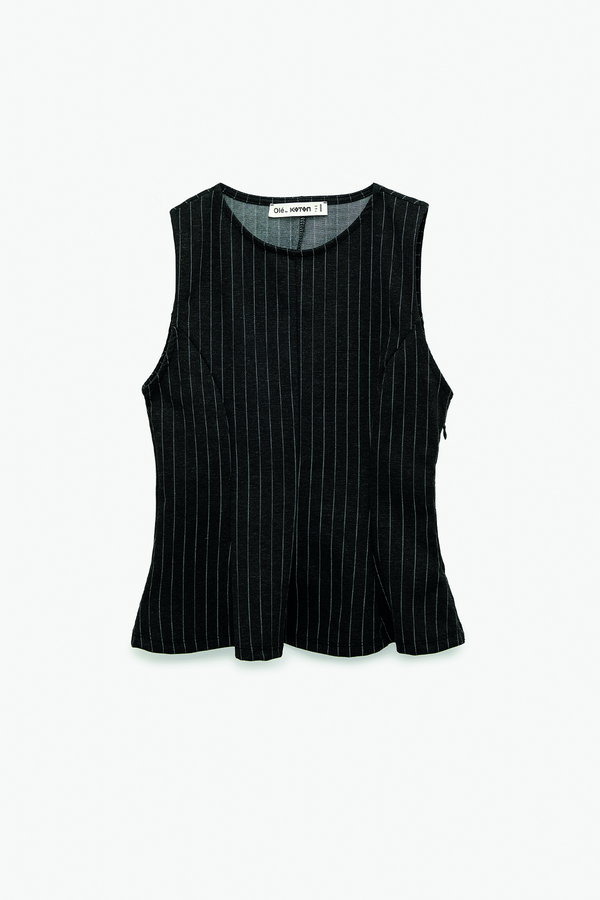 Koton Slim Fit Kolsuz Bisiklet Yaka Çizgili Peplum Bluz ANTRASİT