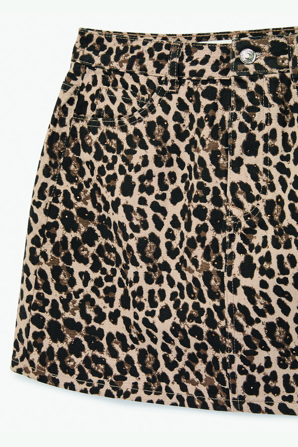 Koton Taş Detaylı Leopar Desenli Yüksek Bel Mini Şort LEOPAR