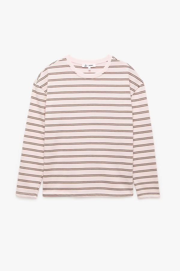 Koton Uzun Kollu Bisiklet Yaka Çizgili T-shirt PEMBE Koton Uzun Kollu Bisiklet Yaka Çizgili T-shirt PEMBE