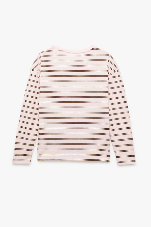 Koton Uzun Kollu Bisiklet Yaka Çizgili T-shirt PEMBE Koton Uzun Kollu Bisiklet Yaka Çizgili T-shirt PEMBE