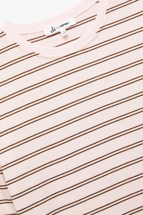 Koton Uzun Kollu Bisiklet Yaka Çizgili T-shirt PEMBE Koton Uzun Kollu Bisiklet Yaka Çizgili T-shirt PEMBE