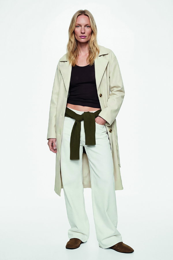 Koton Uzun Kollu Cepli Kemerli Suni Deri Trençkot EKRU