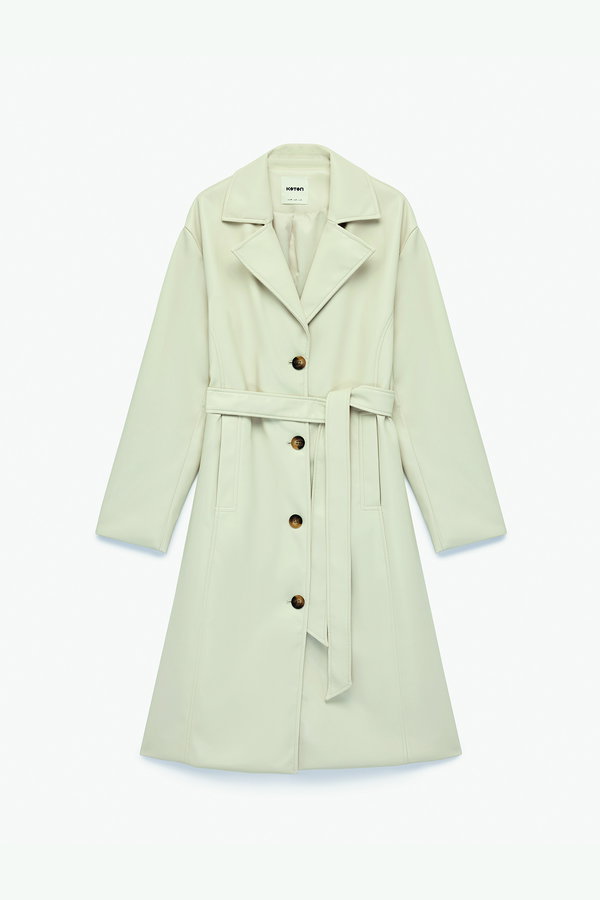 Koton Uzun Kollu Cepli Kemerli Suni Deri Trençkot EKRU