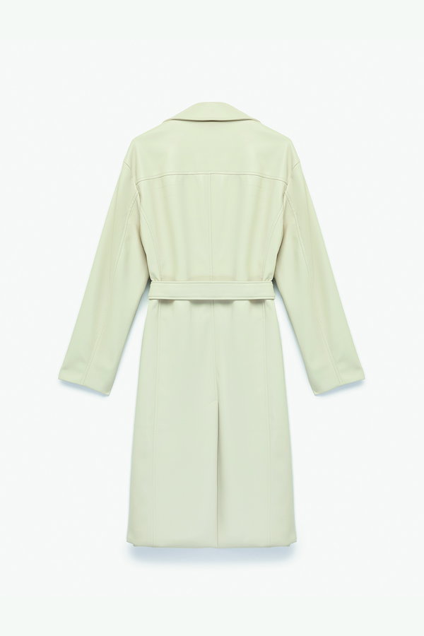 Koton Uzun Kollu Cepli Kemerli Suni Deri Trençkot EKRU