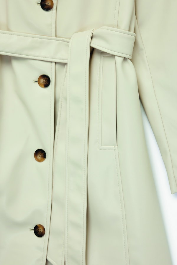 Koton Uzun Kollu Cepli Kemerli Suni Deri Trençkot EKRU