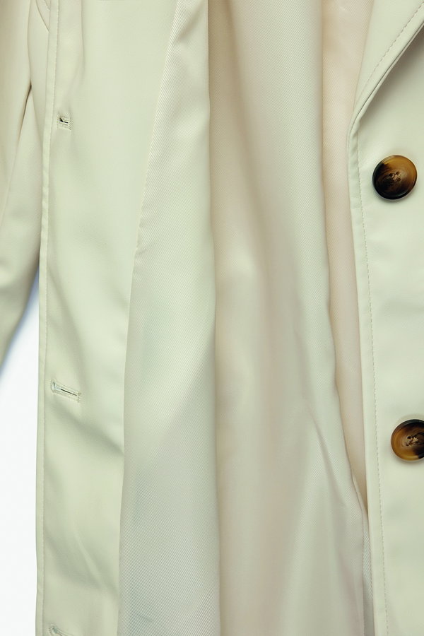 Koton Uzun Kollu Cepli Kemerli Suni Deri Trençkot EKRU