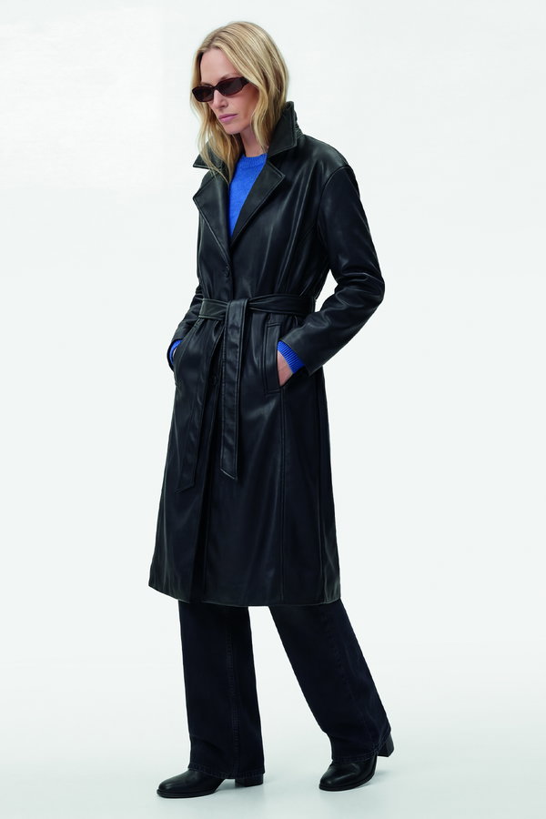 Koton Uzun Kollu Cepli Kemerli Suni Deri Trençkot SIYAH