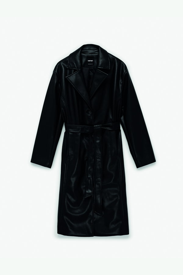 Koton Uzun Kollu Cepli Kemerli Suni Deri Trençkot SIYAH