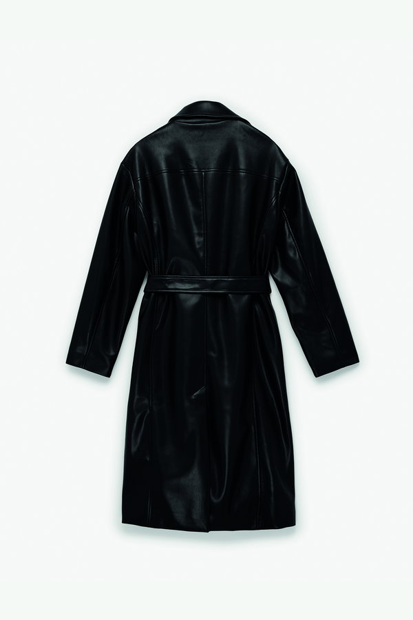 Koton Uzun Kollu Cepli Kemerli Suni Deri Trençkot SIYAH