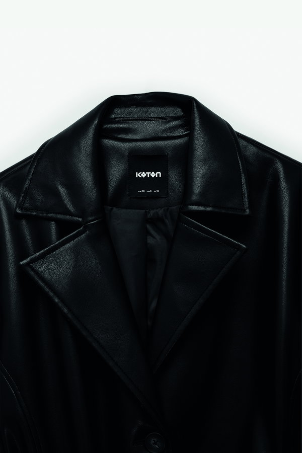 Koton Uzun Kollu Cepli Kemerli Suni Deri Trençkot SIYAH