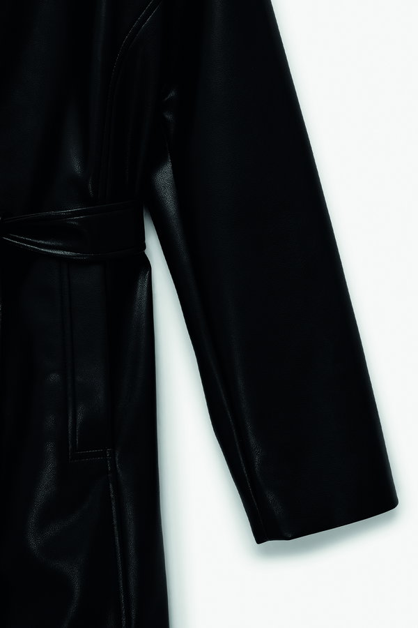 Koton Uzun Kollu Cepli Kemerli Suni Deri Trençkot SIYAH