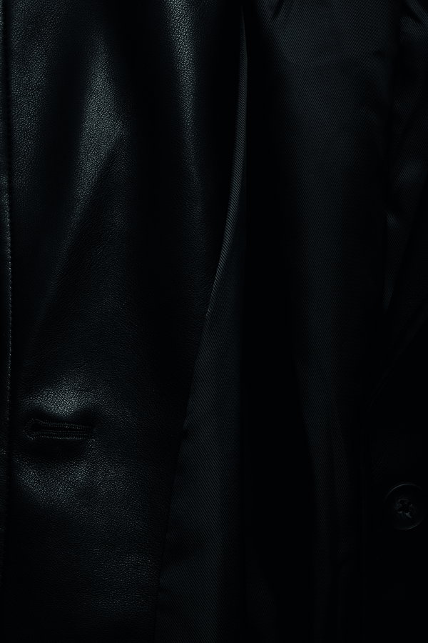 Koton Uzun Kollu Cepli Kemerli Suni Deri Trençkot SIYAH