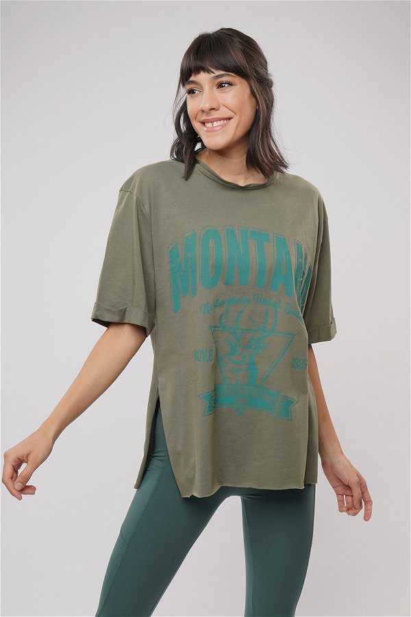 Gabrria Montana Baskılı Yan Yırtmaçlı T-shirt