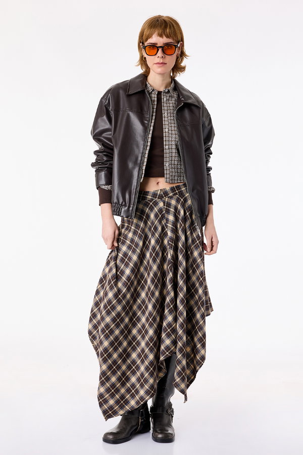 Koton Normal Bel Asimetrik Kesim Ekoseli Midi Etek LACİVERT