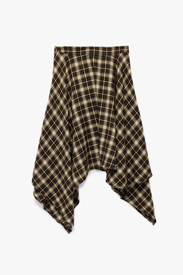 Koton Normal Bel Asimetrik Kesim Ekoseli Midi Etek LACİVERT