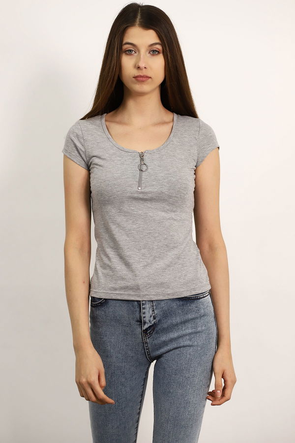 Ön Fermuar Detaylı Mini T-shirt GRI Ön Fermuar Detaylı Mini T-shirt GRI