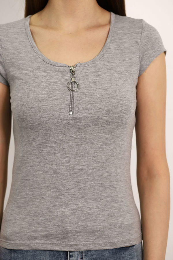 Ön Fermuar Detaylı Mini T-shirt GRI Ön Fermuar Detaylı Mini T-shirt GRI