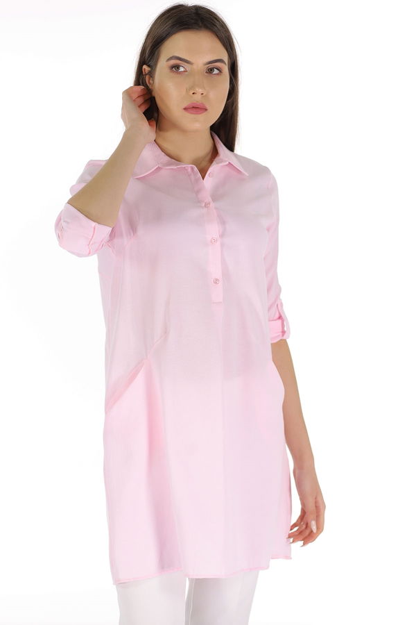 Ön Patlı Yan Cepli Tunik PEMBE Ön Patlı Yan Cepli Tunik PEMBE